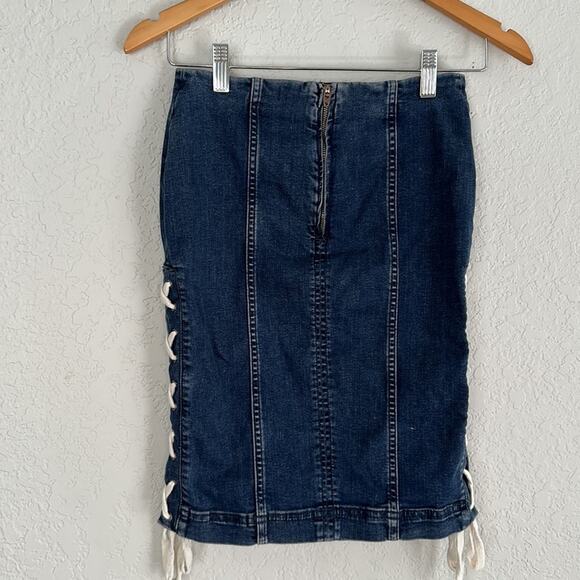 Free People Denim Jean Pencil Skirt Lace Up Ties Western Boho Cowgirl Y2K - Picture 5 of 8